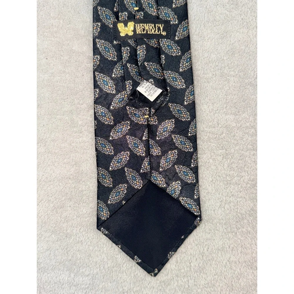 Wembley Mens Vintage Clip On Necktie Black Blue Gold Geometric Medallion Pattern
